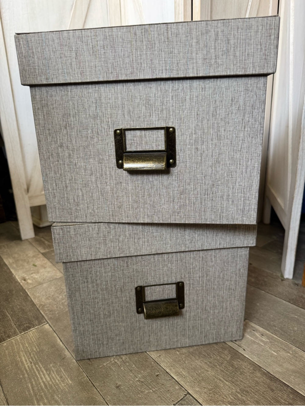 Hinged lid gray Fabric-Textured Storage Box with Antique Metal Label Holder